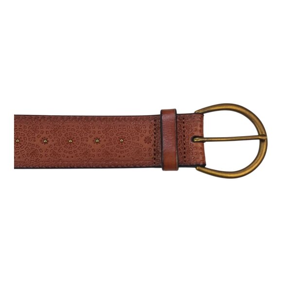 Fossil Boho Embossed Leather Belt Brass Buckle Brown Fits Waist 31-35" 1.75" - Picture 10 of 12